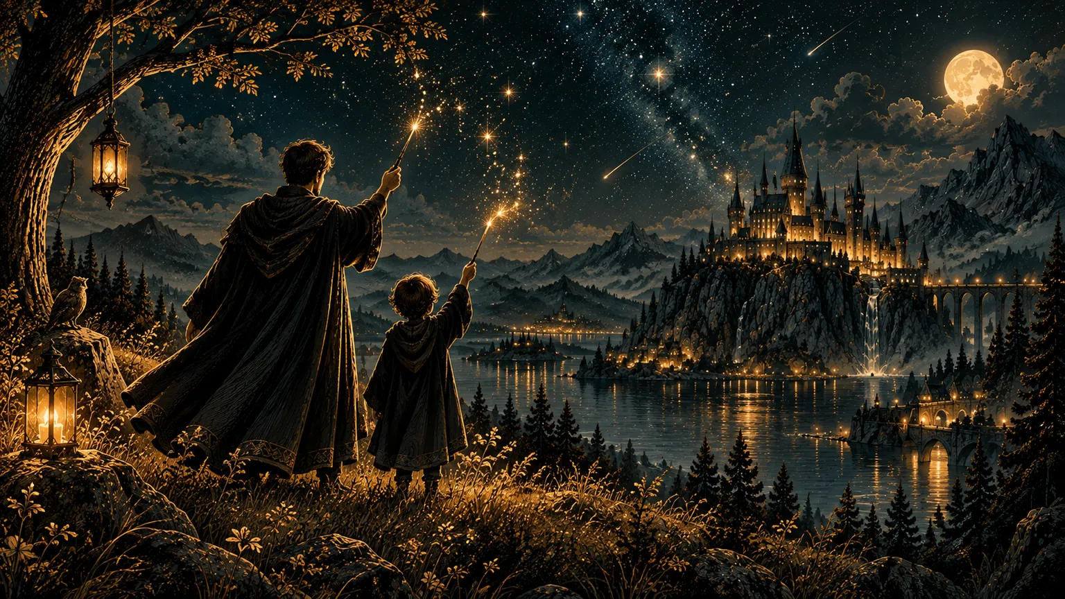 Illustration: a father and his son raising their wands on a hill at night, a lit castle across the lake